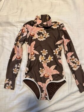 acacia swimwear Kids Floral Long-Sleeve One-Piece in Brown and Pink